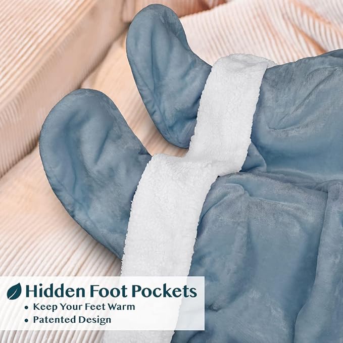 PAVILIA Sherpa Blanket with Sleeves, Foot Pocket for Women Men Adults, Thick Wearable Blanket Throw Wrap, Fleece Warm Snuggle Blanket Robe, Cozy Gift Ideas Wife Mom, Blue