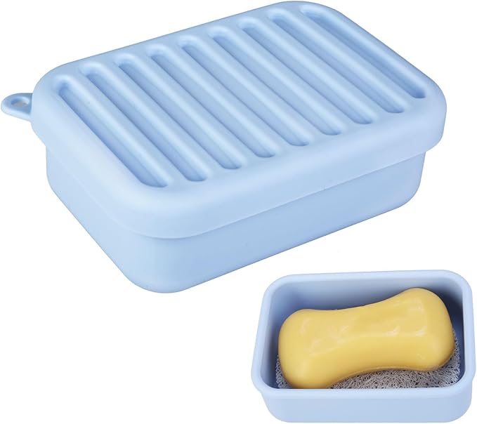 Silicone Leak-Proof Travel Soap Case, Portable Soap Container with Removable Draining Pad, Compact Soap Box for Travel, Gym, Camping, Bathroom(Light Blue)