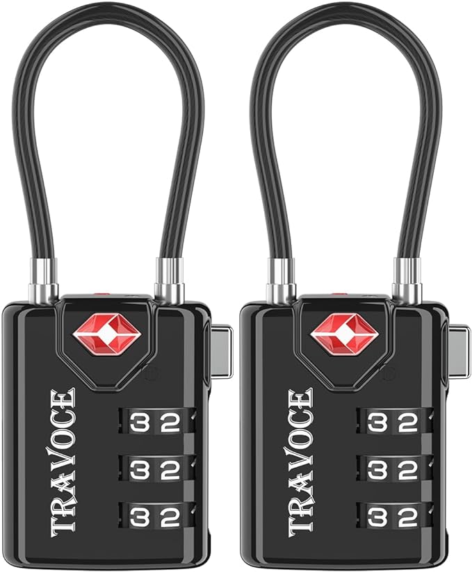 TRAVOCE TSA Approved Luggage Locks - Heavy Duty 3 Digit Combination Cable Lock, Search Alert for Suitcases, Backpacks, Golf Bags, Tents, Violin and Camera Cases, 2 Pack, Black