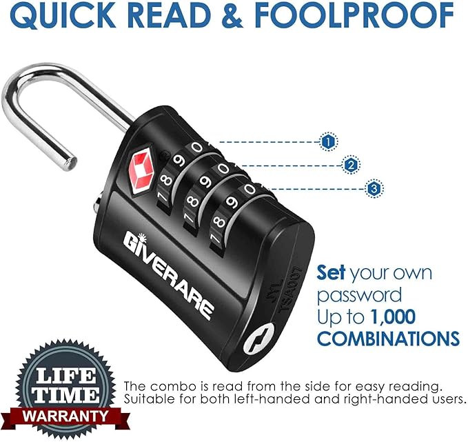 4 Pack TSA Approved Travel Luggage Locks, Combination Lock Keyless, 3-Digit Padlocks, Travel Sentry Accepted Compatible Padlock for Gym Locker, Golf Bag Case, Backpack, Black-by GIVERARE