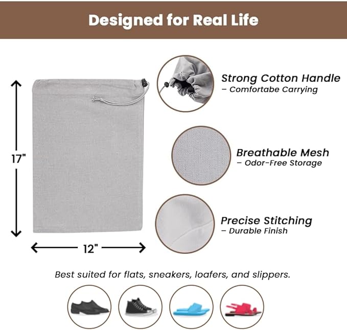 LFH Cotton Rich Shoe Storage Bags with Drawstring, Dustproof Breathable Reusable Organizer, Perfect For Travel, Dorm, Hotel, College, Gym, Easy to Carry, Machine Washable 12"x17" (Pack of 6) - Grey