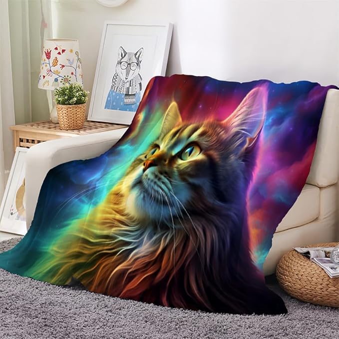 Lovely Cat Blanket Twin Size, Galaxy Fleece Blanket for Couch Bed Sofa, Fantasy Blankets and Throws, Cat Theme Super Soft Cozy Plush Flannel Blanket 70x90, Decor & Gift