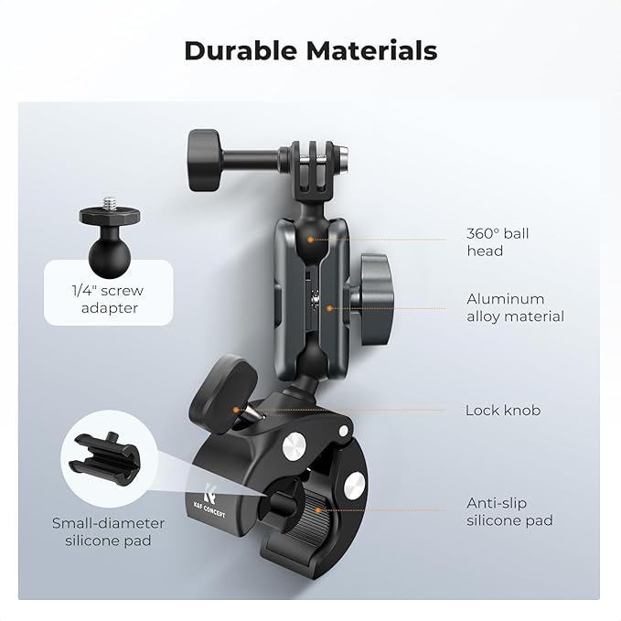 K&F CONCEPT Super Clamp Camera Mount with 360° Dual Ball Head, Bike/Motorcycle Handlebar Mount Compatible with DJI Action 6/5/4/3, Hero 13/12/11/10, 360 X5 X4