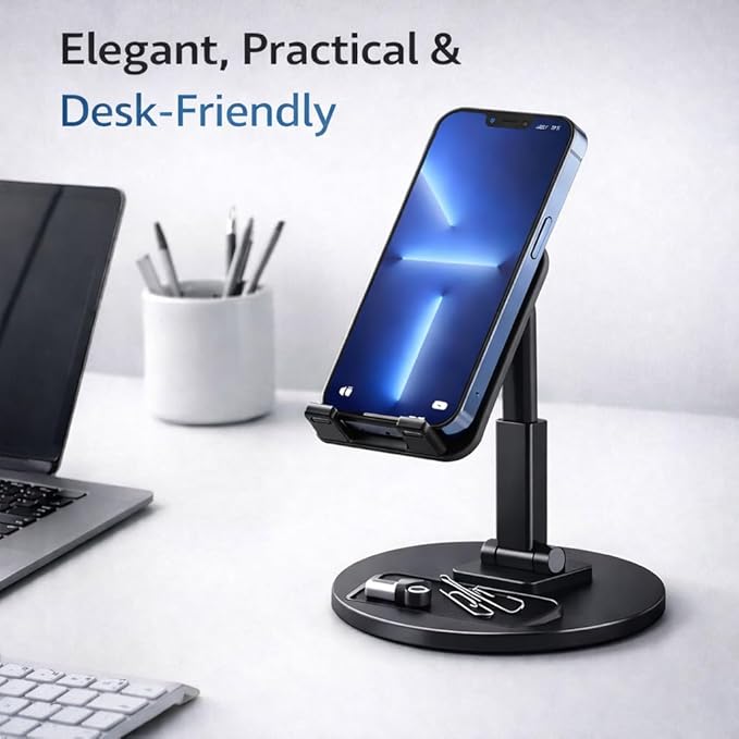 Mizi Portable Cell Phone Stand for Desk - Height & Angle Adjustable Mobile Foldable Holder, Compatible with iPhone 17 16 15 14 13 12 11 Pro Max, Galaxy S25 S24, All 4–10" Devices - Black