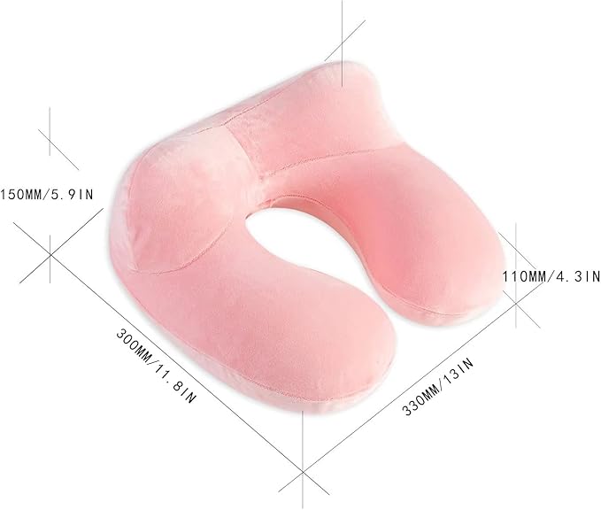Inflatable Travel Pillow, Neck Pillow Support for Traveling, Airplanes, Cars, and Offices with Compact Carrying Bag, Soft Velvet Washable Cover, Ideal for Adult Sleepers (Pink)