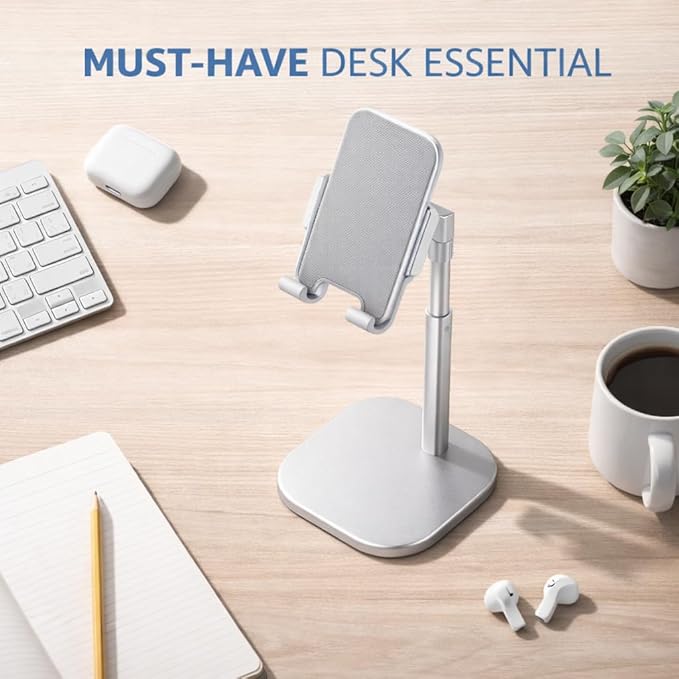 Mizi Cell Phone Stand - Adjustable Angle & Height Desk Phone Holder Dock Compatible with iPhone 17/16/15 Pro Max, Samsung Galaxy, iPad, Switch & All Smartphones (3.5–10 Inch) - White