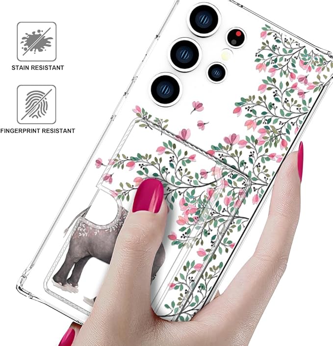 Compatible with Samsung Galaxy S24 Ultra Case Card Holder for Women Cute Design,Wallet Phone Cases Transparent Cool Kawaii Protective (Clear Elephant Flowers)