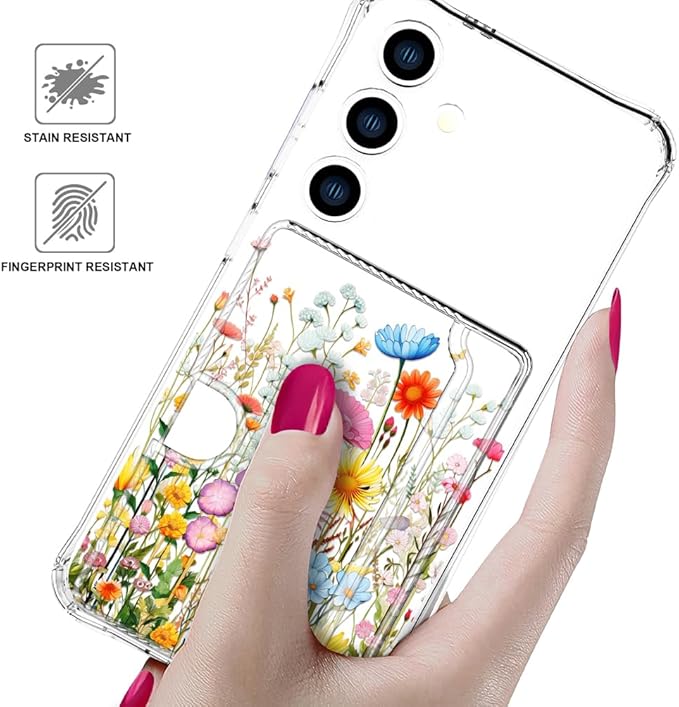 Compatible with Samsung Galaxy S24+ Plus / S25+ Plus Case Card Holder for Women Cute Design,Wallet Phone Cases Transparent Cool Kawaii Protective (Clear Flowers Herbs Wild Plants)