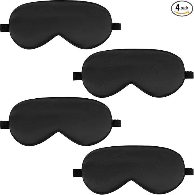 4 Pack Sleep Mask Silk Eye Mask for Sleeping, Mulberry Silk Eye Sleep Masks Shade Cover with Adjustable Strap, Satin Blindfold Blackout for Women Men, Reducing Puffy Traveling Glfts (Black)