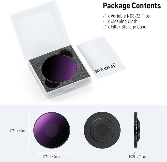 NEEWER Variable ND Filter Compatible with DJI Osmo Action 5 Pro & Action 4, ND8-32 (3-5 Stops) Screw On Neutral Density Lens Filter Multicoated HD Optical Glass Action Camera Accessories