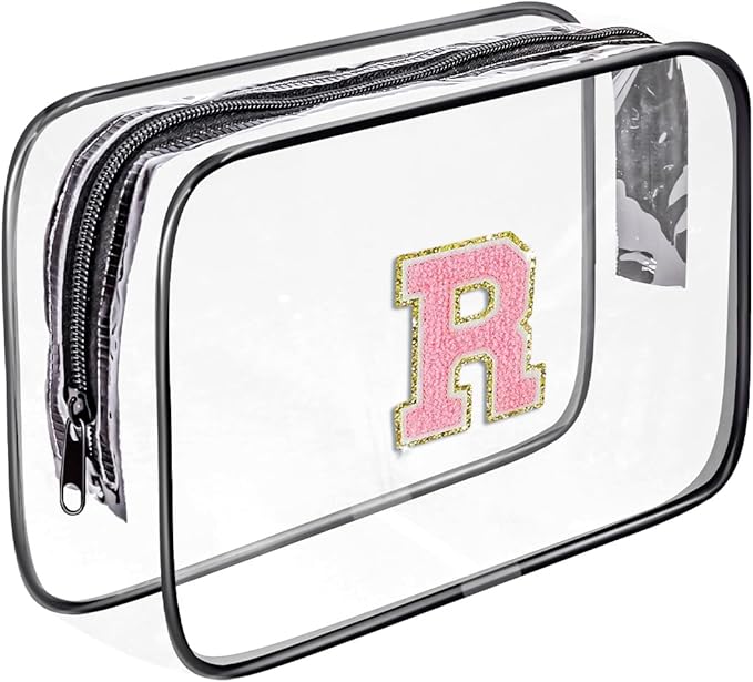 Clear Toiletry Bag,Portable Travel Toiletry Bag,Chenille Letter Cosmetic Bag with Zipper,Waterproof Makeup Bag,Cosmetic Storage Organizer for Women Men,Travel Essentials (Black,R)