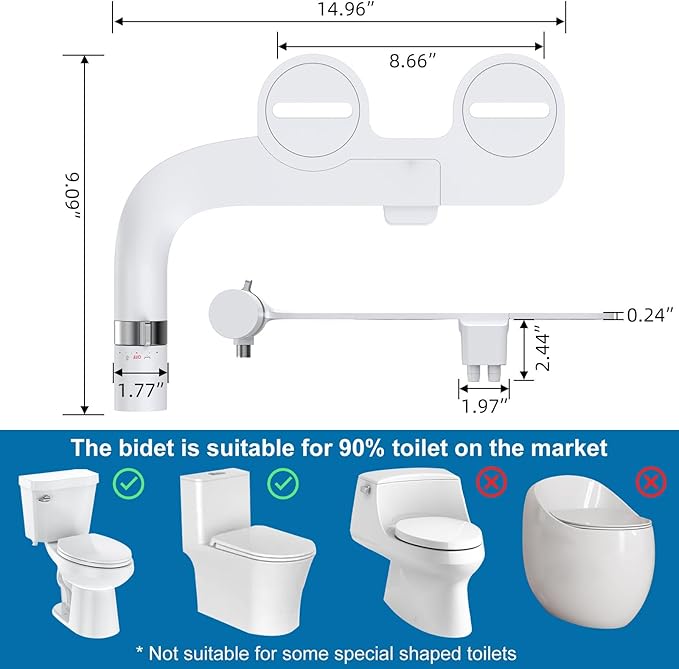 Toilet Bidet Attachment, Non-Electric Dual Nozzle (Feminine/Bidet Wash), Self-Cleaning Fresh Cold Water Sprayer Bidets for Toilets with Adjustable Water Pressure (Rotary Toggle, Chrome)