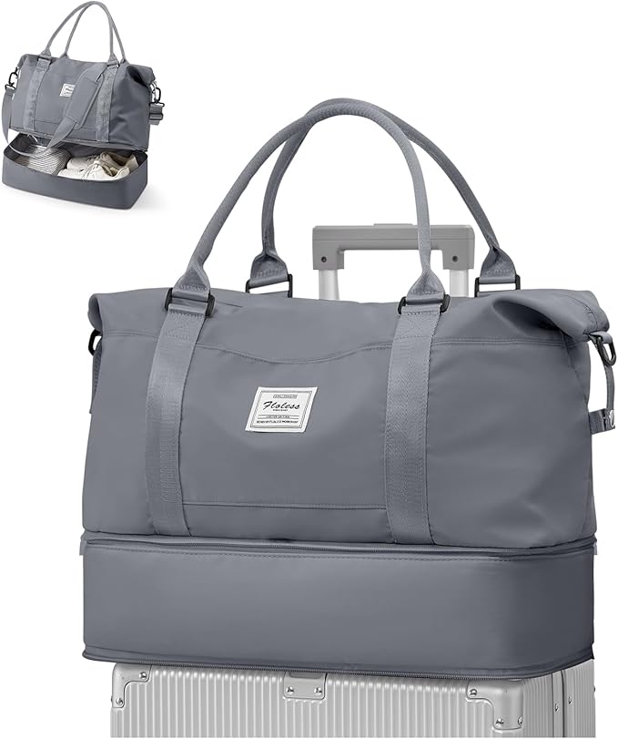 Travel Duffel Bag, 18x14x8 Inches Travel Bag Spirit with Shoes Compartment, Weekender Overnight Bag for Women with Trolley Sleeve, Carry On Bag for Airplanes Sport Tote Gym Bag(Grey).