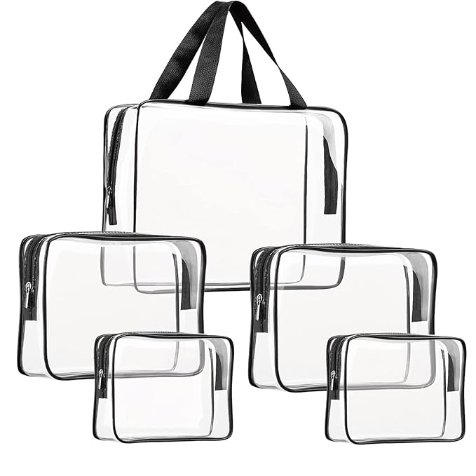 5Pcs Crystal Clear PVC Travel Toiletry Bag Kit for Women Men, Waterproof Vinyl Packing Organizer Storage Bags with Zipper Handle Straps, Cosmetic Pouch Carry on Airport Airline Compliant Bag Handbag