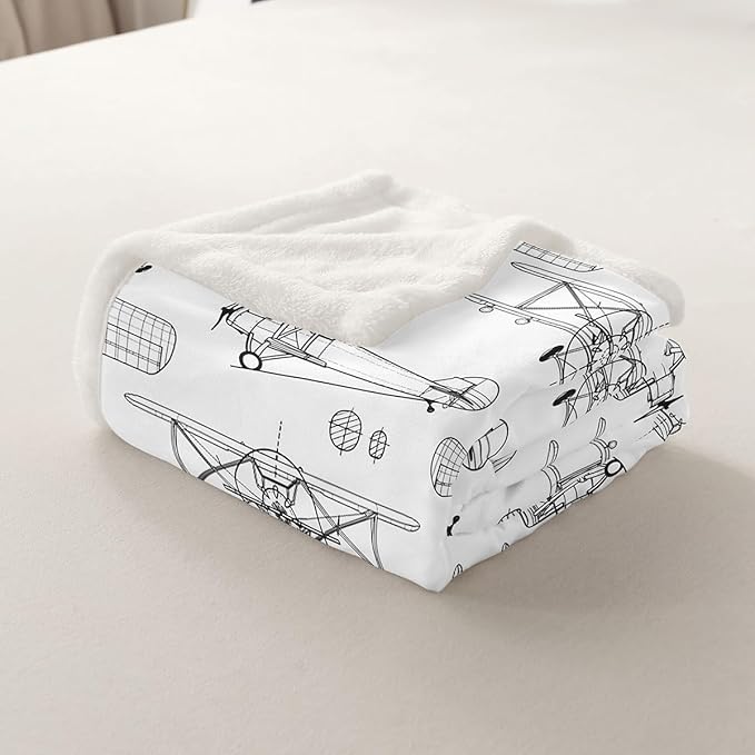 Airplane Kids Throw Blanket,Hand-Painted Sketch American Aircraft Bed Blanket for Girls Boys Adults,Air Vehicles Cartoon Fleece Blanket,Black White Fuzzy Blanket,Throw Size (50 x 60 Inches)