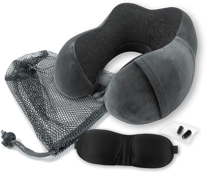 Wolf Essentials 4-Piece Memory Foam Neck Pillow Travel Set – Ergonomic Neck Support Pillow with Eye Mask, Earplugs & Mesh Carrying Case – Comfort for Airplane, Train, or Road Travel