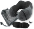 Wolf Essentials 4-Piece Memory Foam Neck Pillow Travel Set – Ergonomic Neck Support Pillow with Eye Mask, Earplugs & Mesh Carrying Case – Comfort for Airplane, Train, or Road Travel