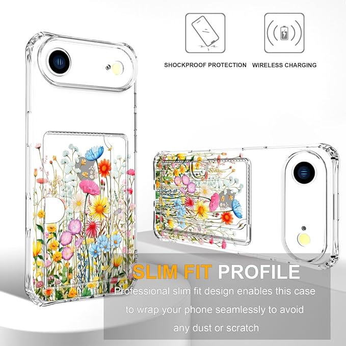 Compatible with iPhone 17 Air Case Card Holder for Women Cute Design,Wallet Phone Cases Transparent Cool Kawaii Protective (Clear Flowers Herbs Wild Plants)
