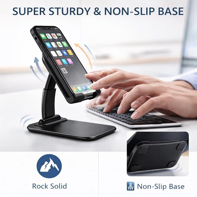 Mizi Portable Cell Phone Stand for Desk - Height & Angle Adjustable Mobile Foldable Holder, Compatible with iPhone 17 16 15 14 13 12 11 Pro Max, Galaxy S25 S24, All 4–10" Devices - Black