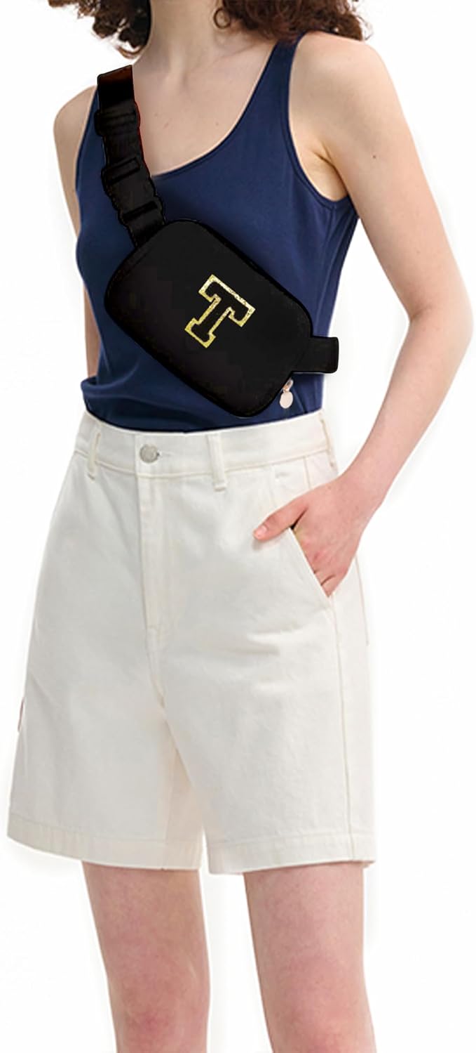 Uygafly Personalized Belt Bag for Women Girls - Fashion Mini Waist Packs with Adjustable Strap - Trendy Travel Fanny Pack Crossbody Bags with Initial Letter - Teen Gifts | Black,Black T