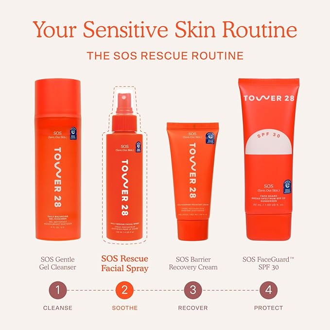 Tower 28 SOS Daily Rescue Facial Spray - Hypochlorous Acid Spray to Help Reduce Redness, Calm Irritation + Alleviate Flare-Ups - Purifying Face Toner Duo - Full + Travel Size Skin Care Spray (2 Count)