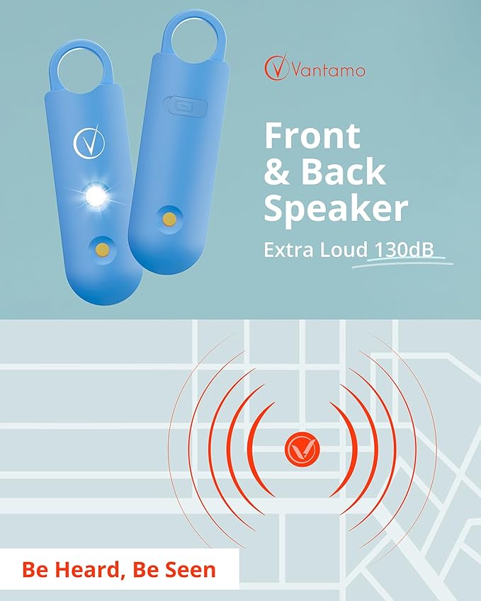 Vantamo Personal Alarm for Self Defense with Low Battery Notice, Strobe Light & Extra Loud 130 dB Double Speakers Safety Keychain Set for Women, Rechargeable Panic Button for Womens Self Defense