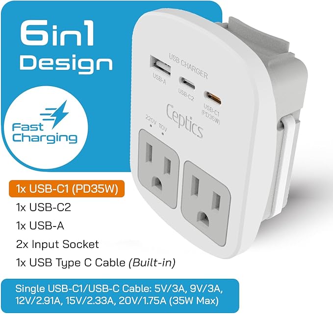 Ceptics Universal Travel Adapter, 35W World Travel Adapter Kit - 2 USA sockets, USB-A, USBC, 1x PD 35W USB-C and USBC Cable, Perfect for Laptops, Cell Phones, Chargers - Surge protection