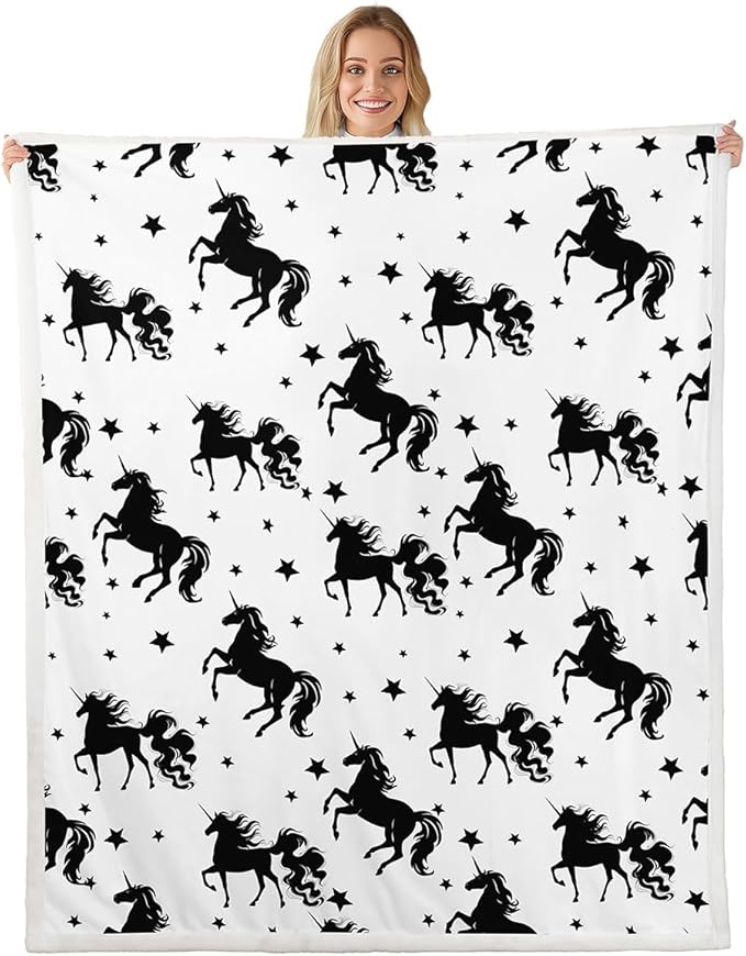 Cartoon Unicorn Kids Throw Blanket,Starry Sky Galaxy Romantic Bed Blanket for Girls Boys Adults,Cute Animals Simple Fleece Blanket,Black White Chic Fuzzy Blanket,Throw Size (50 x 60 Inches)