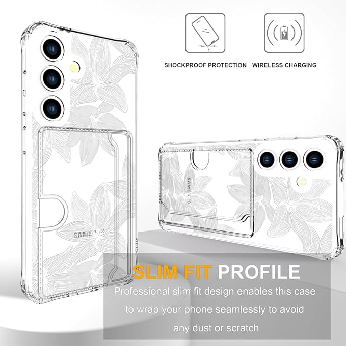 Compatible with Samsung Galaxy S24 / S25 Case Card Holder for Women Cute Design,Wallet Phone Cases Transparent Cool Kawaii Protective (Clear Flower White)