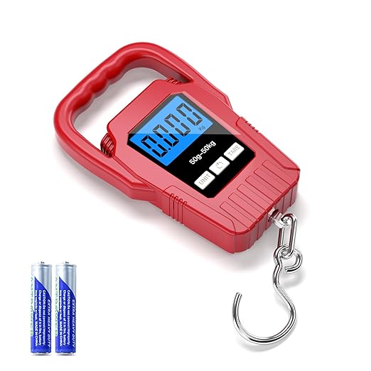 Digital Fish Scale Hanging Scale Fishing Scale,110lb/50kg Luggage Scale,Upgrade Large Handle & Backlit LCD Display, Electronic Balance Digital Fishing Postal Scale, Red, Fishing Gifts for Men