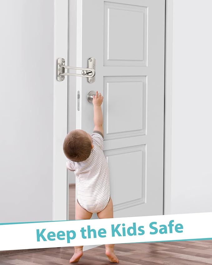 Door Lock Latch for Home Security - 2 Swing Bar Door Guard for Front and Inside Door, Safety Childproof Reinforcement Door Stopper for Kids Home Hotel Apartment, Thicken Aluminium Alloy Satin Nickel