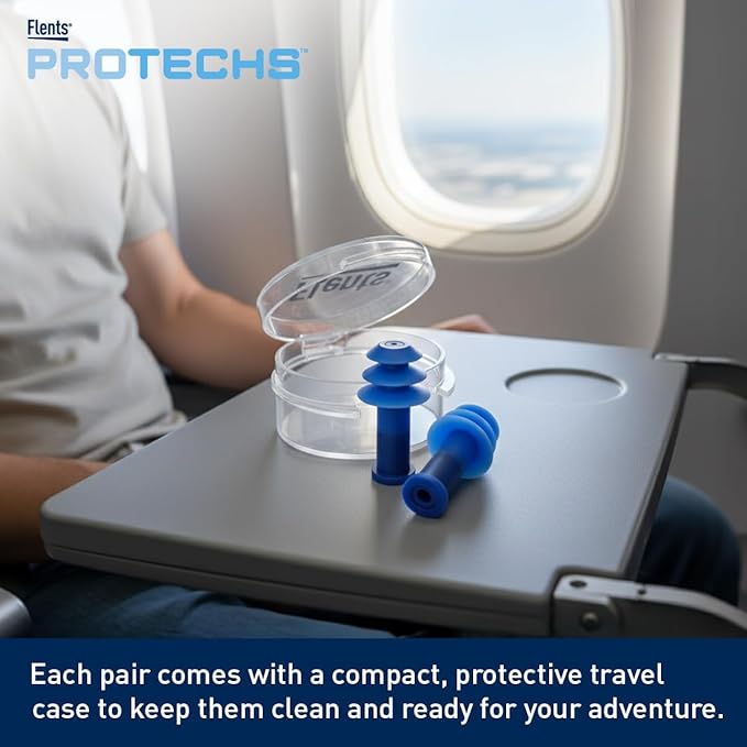 Flents PressureEase Earplugs Designed for Flying, Airplane Pressure Ear Plugs for Ear Pain Relief, 26dB NRR, Soft Comfort Flange, Travel Essential for Takeoff & Landing, 1 Pair + Case, Blue