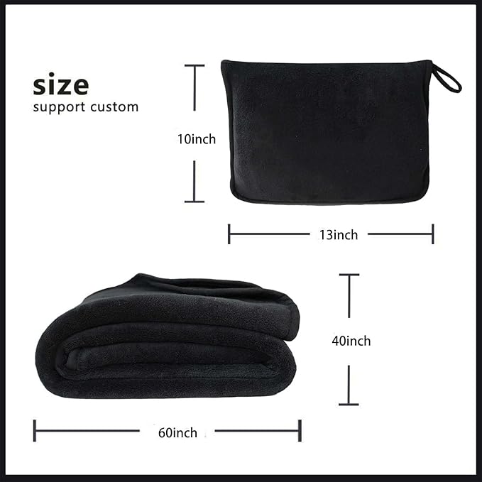Travel Blanket Pillow, Soft Airplane Blanket 2-in-1, Travel Blanket Airplane Compact with Bag, Travel Essentials Accessories for Plane and Car,60x40 Black