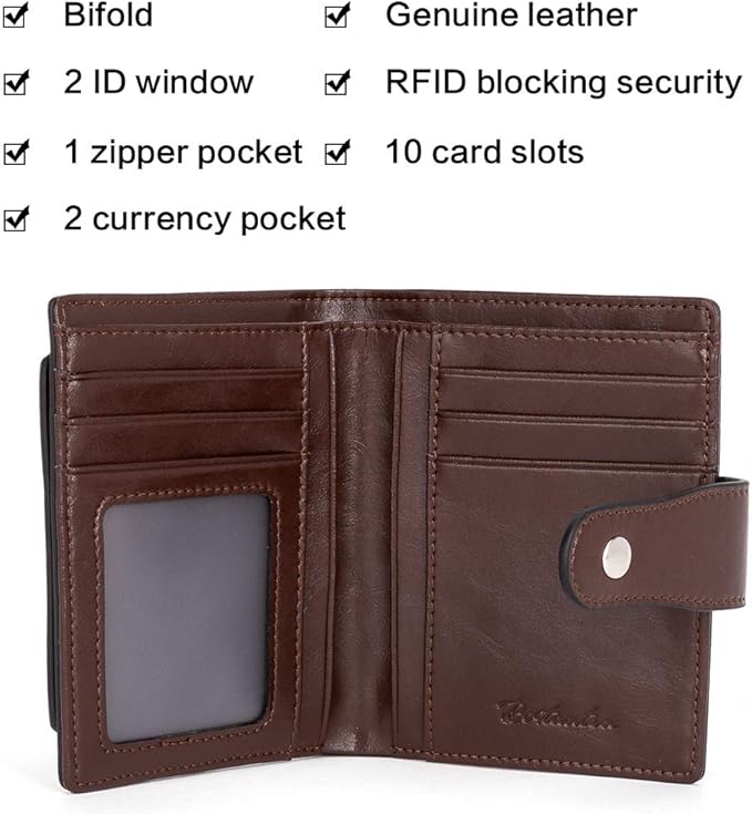 BOSTANTEN Women Leather Wallet RFID Blocking Small Bifold Zipper Pocket Wallet Card Case Purse with ID Window