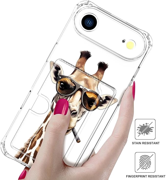 Compatible with iPhone 17 Air Case Card Holder for Women Cute Design,Wallet Phone Cases Transparent Cool Kawaii Protective (Clear Giraffe Smoking Animal)