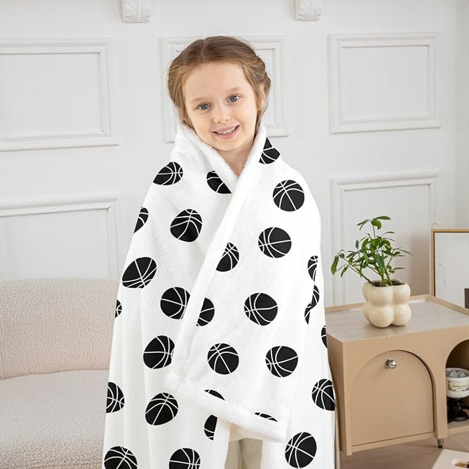 Basketball Kids Throw Blanket,Ball Sports Games Bed Blanket for Girls Boys Adults,Ball Simple Style Fashion Fleece Blanket,Black White Chic Fuzzy Blanket,Queen Size (90 x 90 Inches)