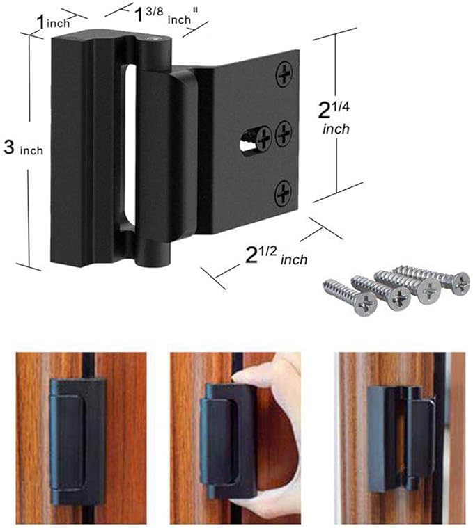 Door Reinforcement Lock with 4 Screws, Home Security Door Lock Stop for Toddler, Childproof Door Lock Night Lock Withstand 800 Lbs Black