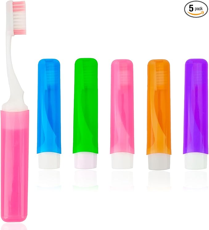 Travel Toothbrush 5 Pcs Travel Toothbrush Set Mini Portable Toothbrushes Soft Travels Size Toothbrushes Kit Small Foldable Tooth Brush with Case Cover for Home Camping Hiking Individually Wrapped