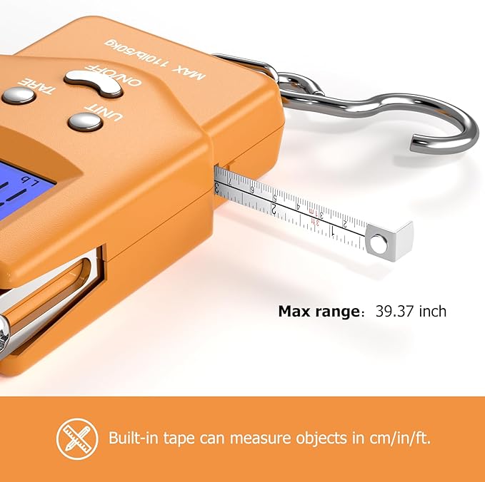 Dr.meter Fish Scale Luggage Scale Fishing Gear - 110lb Backlit LCD Display Digital Scale with Built-in Measuring Tape - Fishing Scale with 2 AAA Batteries, Pocket Size - Fishing Gifts for Men
