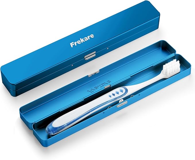 Frekare Toothbrush Travel Case Aluminum, Manual Tooth Brush Holder for Traveling, Portable Toothbrush Container for Bathroom, Camping, Business Trip, School (Blue)