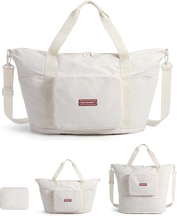 BAGSMART Foldable Travel Bag, 37L Expendable Personal Item Bag, Lightweight Weekender Bags for Women, Water Resistant Extra Carry on for Travel, White
