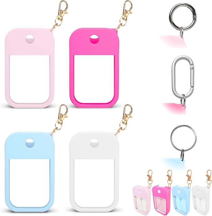 4 PCS Soft Silicone Case for Touchland Power Mist (1FL. OZ./30 mL), Protective and Stylish Case with Keychain Compatible with Touchland Hand Sanitizer Spray (Pink/Hot Pink/Blue/White)