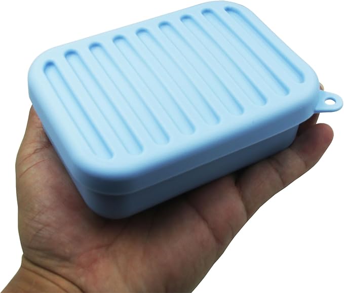 Leakproof Silicone Travel Soap Case,Portable Soap Box with Draining Layer for Shower,Bathroom,Camping,Hiking,Gym (Light Blue)