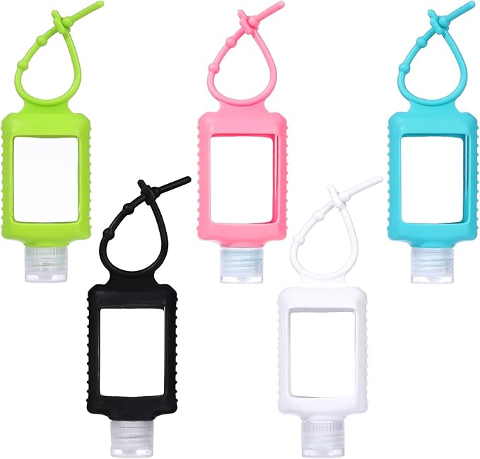 5 Pack Travel Size Hand Sanitizer Holder with Silicone Sleeve, 2 oz Refillable Plastic Empty Bottles Leakproof Flip Cap Squeeze Containers Portable Keychain Bottle for Backpack Travel Outdoor