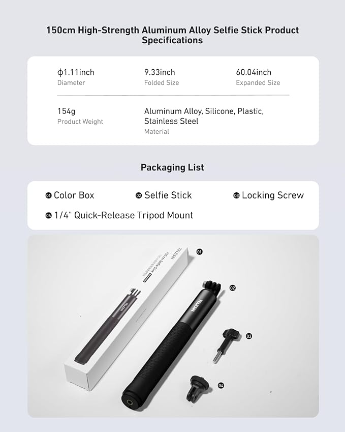 TELESIN 60" Selfie Stick for GoPro, Portable Extended Vlog Invisible Pole for GoPro Hero 13 12 11 DJI Action 6 5 4 Osmo Nano/360 Insta360 Xtra Muse Handheld Monopod for Travel, Action Camera Accessory