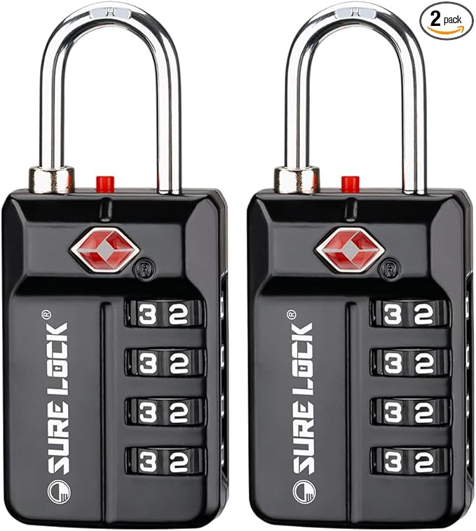 SURE LOCK TSA Approved 4-Digit Resettable Combination Luggage Locks with Open Alert, Easy-Read Dials - for Luggage, School Lockers, Gym, Office, Toolbox & Security Cases (Black 2 Pack)