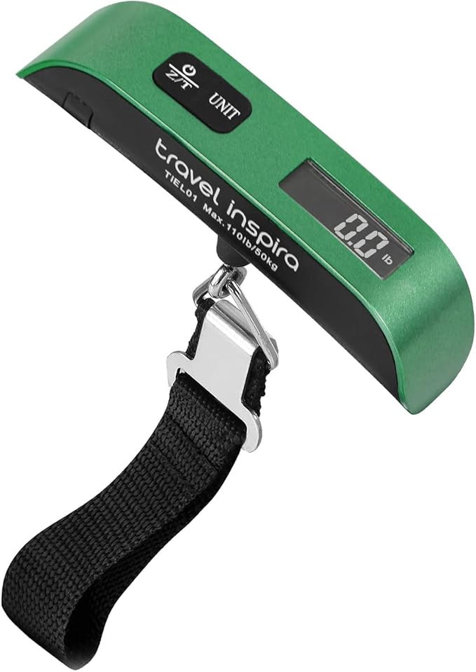 travel inspira Luggage Scale, Portable Digital Hanging Baggage Scale for Travel, Suitcase Weight Scale with Rubber Paint, 110 Pounds, Battery Included - Green