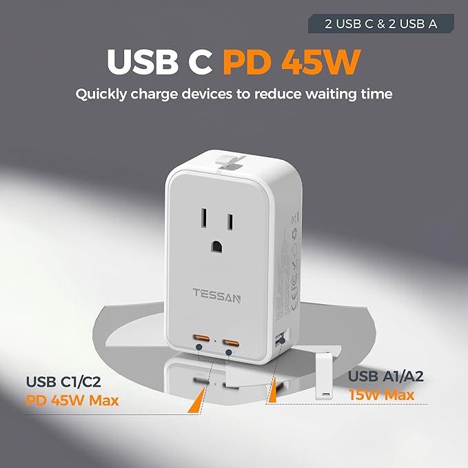 TESSAN Universal Travel Adapter PD 45W, Ultra Thin International Power Adapter Fast Charger, Worldwide Plug Adaptor with 2 USB C 2 USB A to European UK Italy Spain New Zealand (Type C G A I), 1 Pack