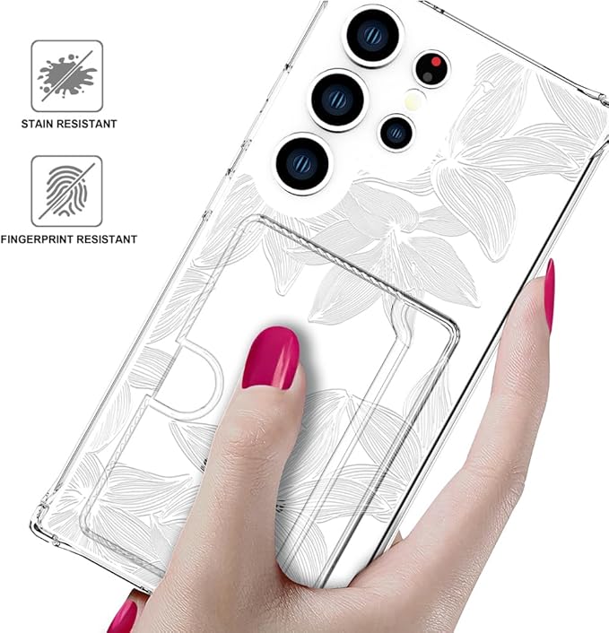 Compatible with Samsung Galaxy S24 Ultra Case Card Holder for Women Cute Design,Wallet Phone Cases Transparent Cool Kawaii Protective (Clear Flower White)