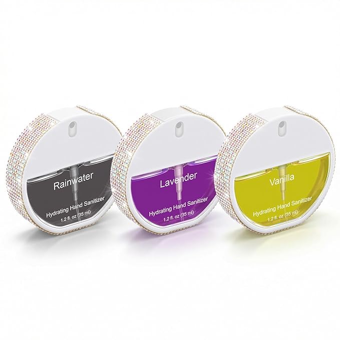 3 Pcs Power Mist Hydrating Hand Sanitizer Spray Bulk Travel Size Hand Sanitizer Spray Pocket 1.2 oz White Circular Bottle with Rhinestone for Daily Use Mother's Day End of Year Teachers Gifts